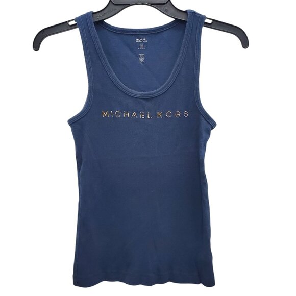 MICHAEL Michael Kors Women's Navy Gold Gem Stud Spell Out Ribbed Tank Top SIze M - Picture 1 of 4